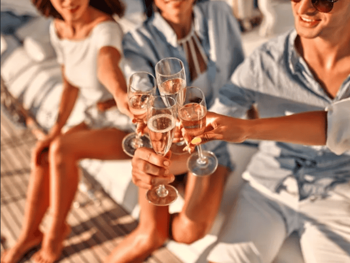 Amis trinquant pendant leur balade en bateau