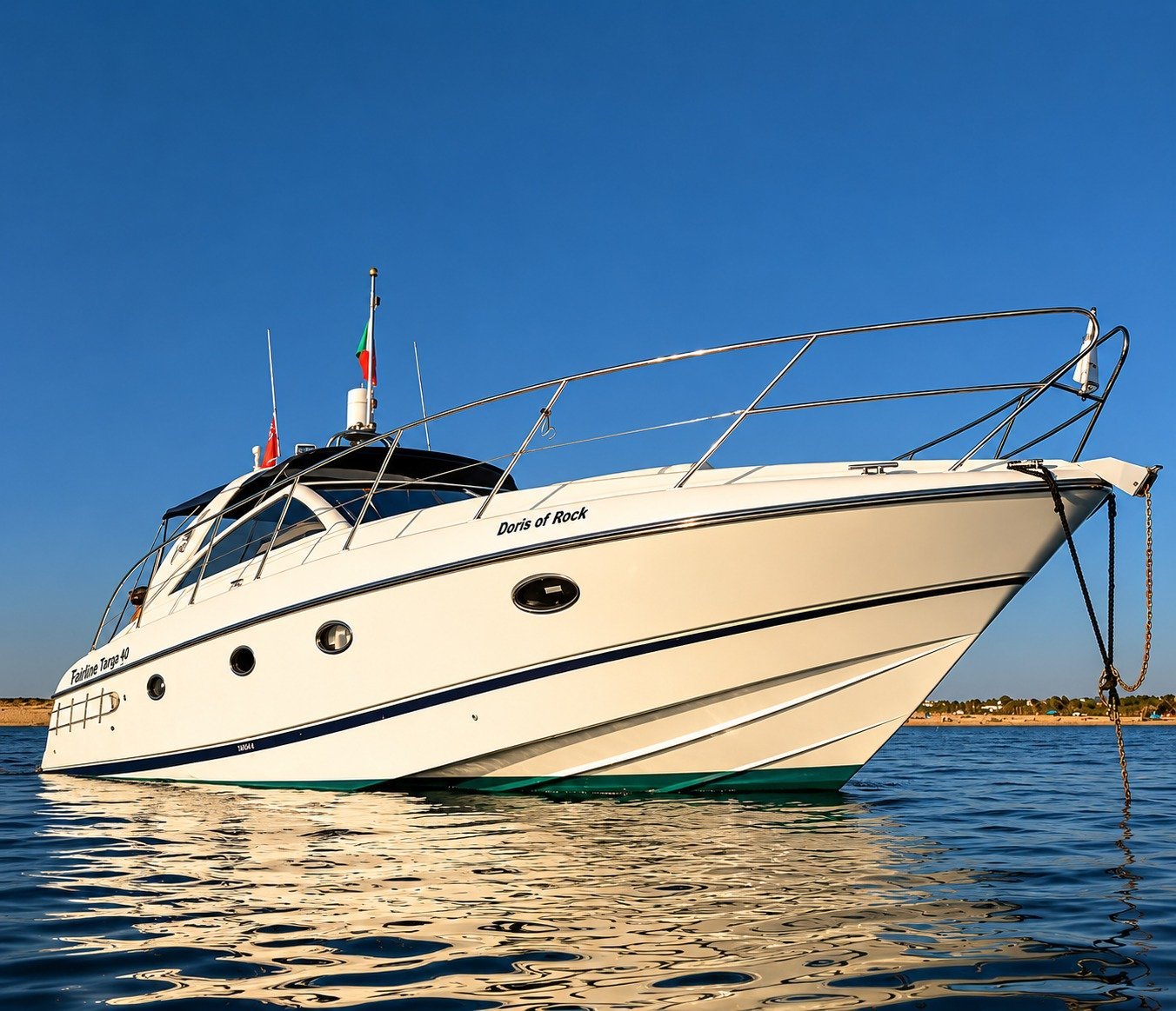 Doris of Rock, a Princess V42 motor yacht, is anchored in calm waters under a clear blue sky. This 42-foot (approximately 13-meter) vessel, with an elegant hull and sporty profile, is available for crewed charter from Vilamoura Marina. Ideal for half-day or full-day cruises, it combines sophistication and performance.
